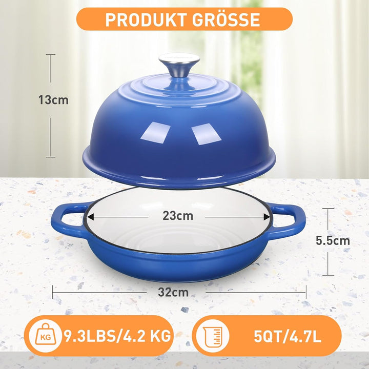Gusseisen Brotbackform mit Deckel, 4,7L Gusseisen Topf Brot Backen, 23 cm Emaille Bräter mit Deckel,