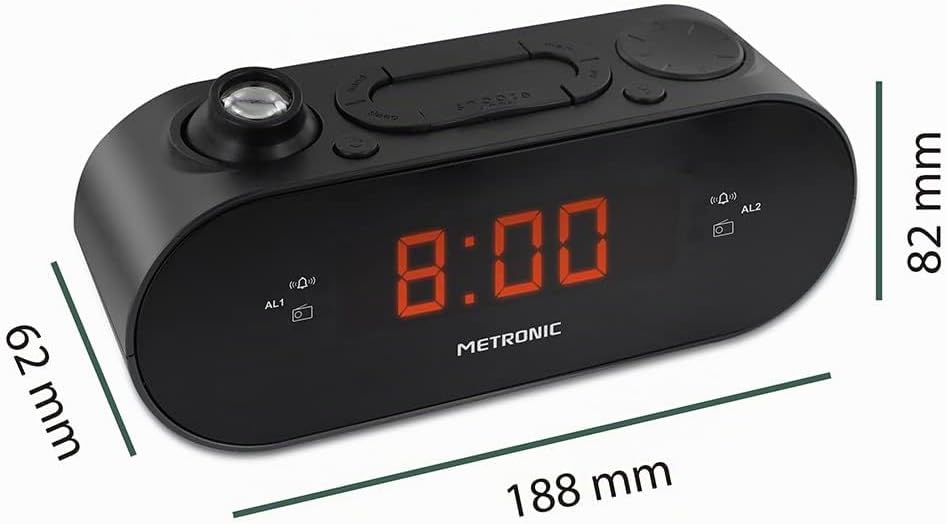 Metronic 477039 FM-Radiowecker, Projektion, doppelter Alarm, mit Sleep/Snooze-Funktion, einstellbare