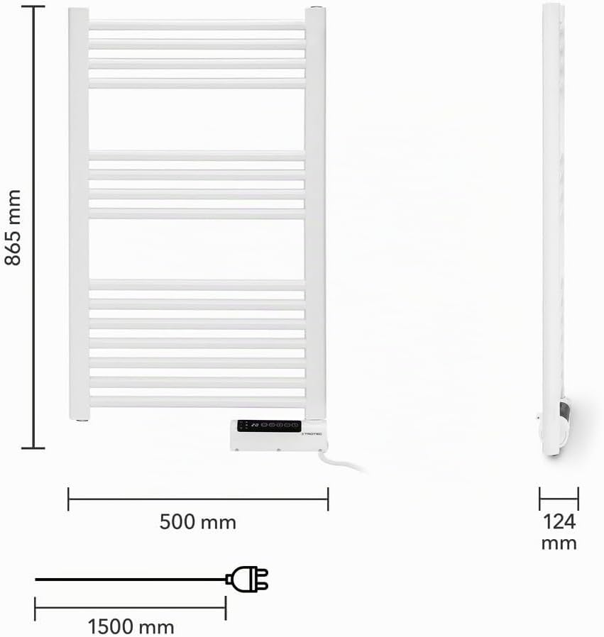 TROTEC Elektrischer Handtuchwärmer TWH 500 S – 500 W, Wandmontage, Flachrohr-Design in Weiss, geräus