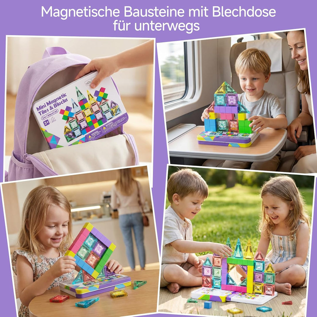 burgkidz Magnetbausteine und Magnetfliesen Reise-Set 48 Teile, 3-in-1-3,75 cm Magnetfliesen & 1,875