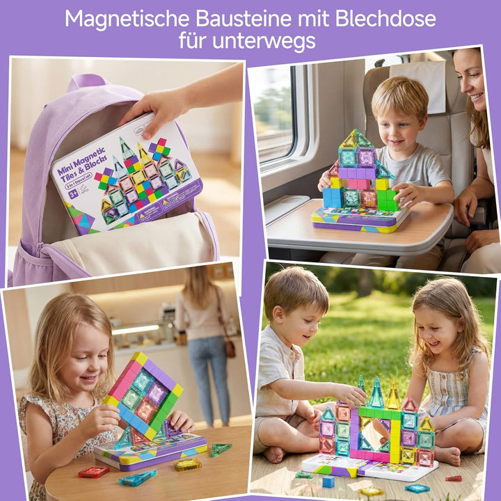 burgkidz Magnetbausteine und Magnetfliesen Reise-Set 48 Teile, 3-in-1-3,75 cm Magnetfliesen & 1,875