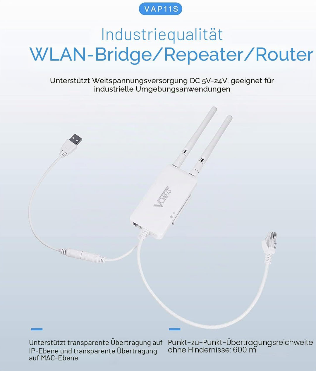 Vonets VAP11S 2,4 GHz industrieller Mini WLAN Router, Wireless Bridge/Repeater, 2 RJ45-Ethernet-Port