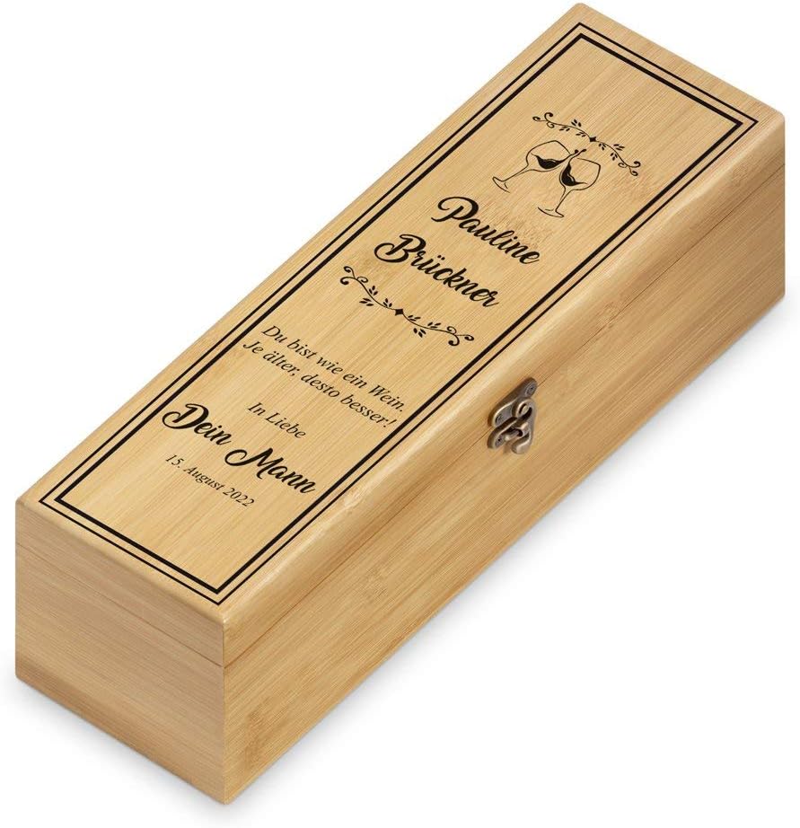 Maverton Weinbox für 0,7L Weinflasche - Wein Holzbox personalisiert + 4er Weinzubehör - Weinset Wein