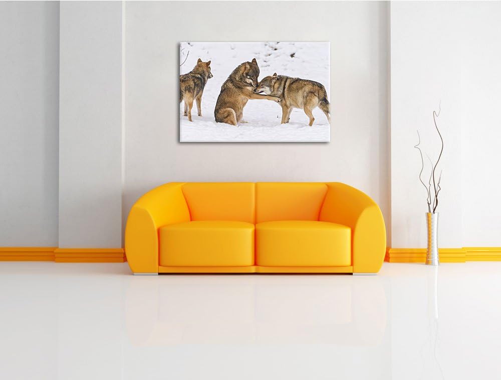 Pixxprint spielendes Wolfsrudel auf Leinwand, XXL riesige Bilder fertig gerahmt mit Keilrahmen, Kuns