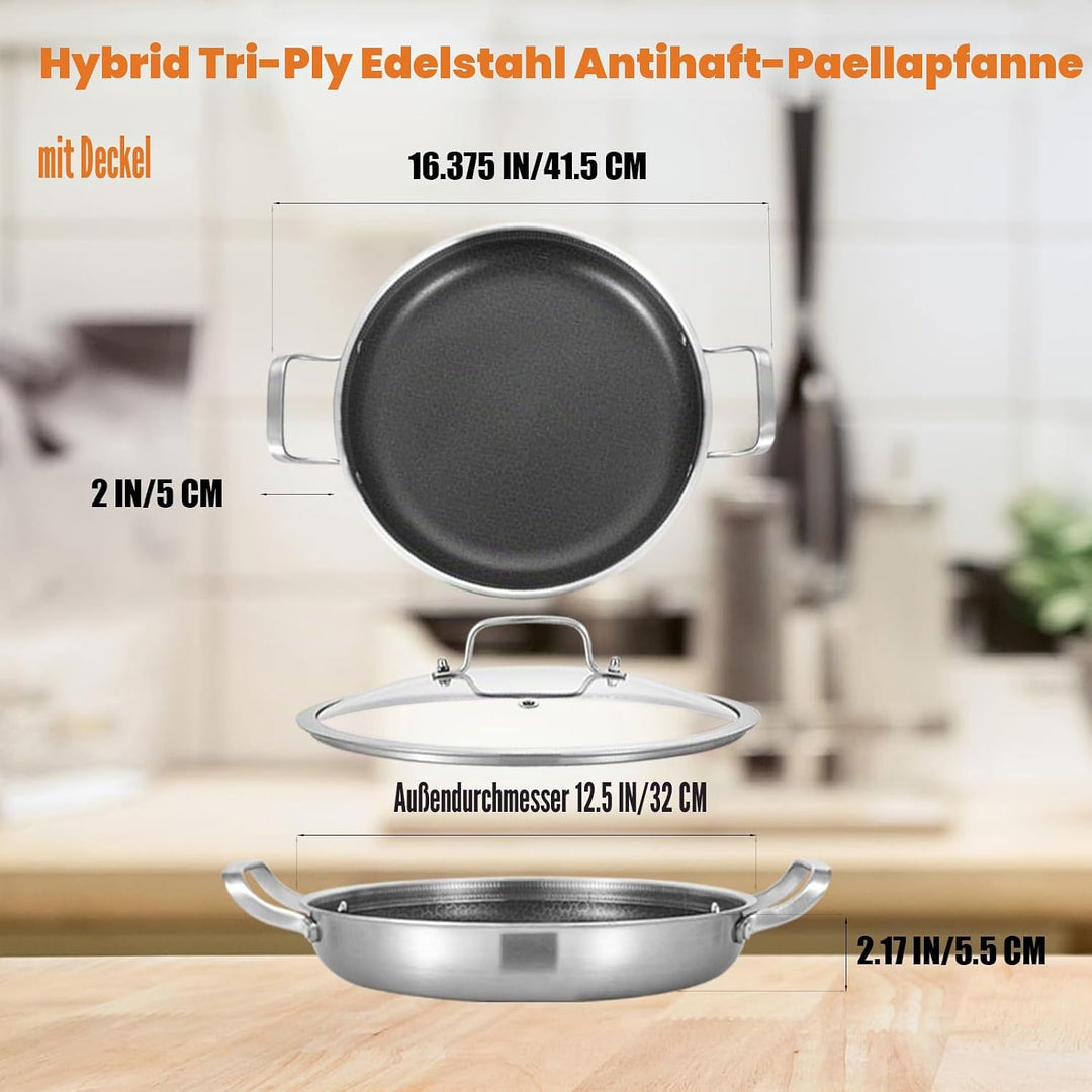 Inqibee dreischichtige Edelstahl-Paellapfanne 32 cm mit Deckel – Antihaft | 280°C Hitzebest | PFOA-f