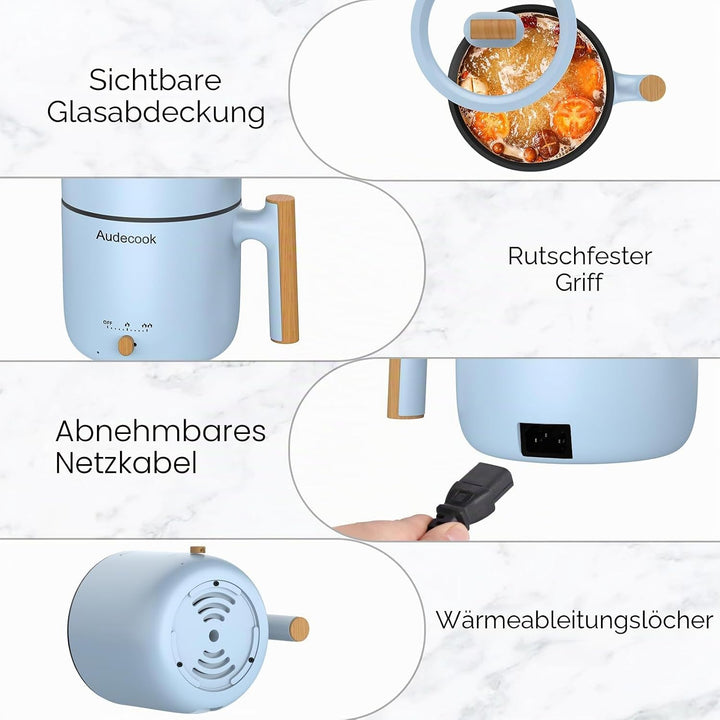 Audecook Elektrischer Dampfkocher, tragbarer Mini-Reisekocher, 1,8 l, multifunktionale antihaftbesch