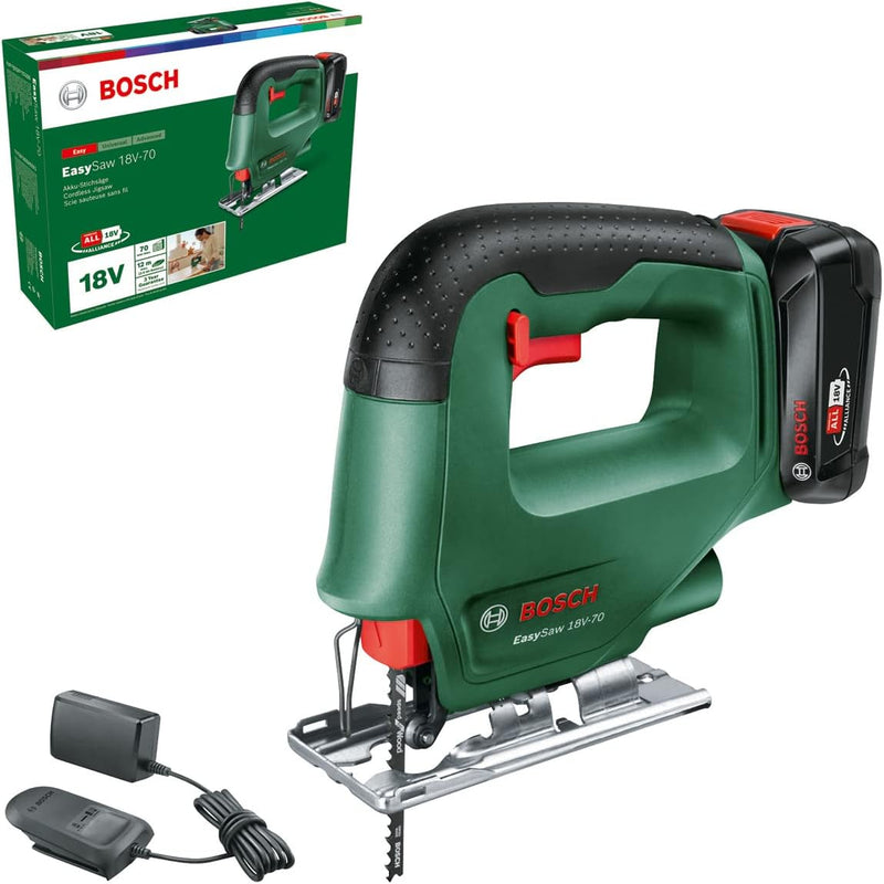 Bosch Akku Stichsäge EasySaw 18V-70 (2,0 Ah Akku, 18 Volt System, mit 1 Stichsägeblatt, Ladegerät AL