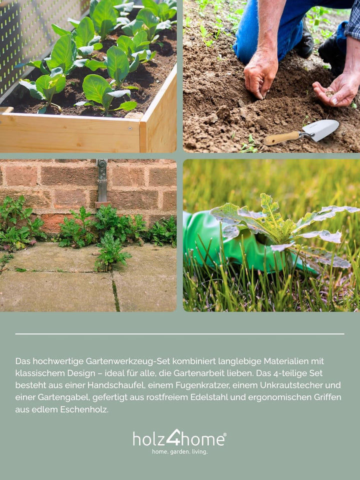 holz4home® Gartenwerkzeug Set 4-TLG. I Edelstahl & Eschenholz I Handschaufel, Unkrautstecher, Fugenk