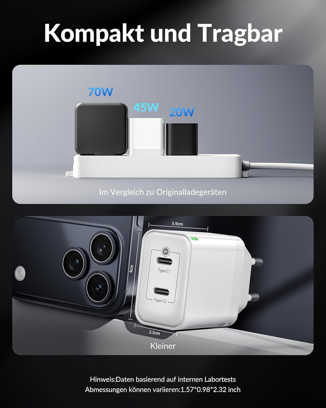 45W USB C Ladegerät Ladekabel, 2-Port Schnellladegerät und USBC 2M+3M Schnellladekabel für iPhone 17