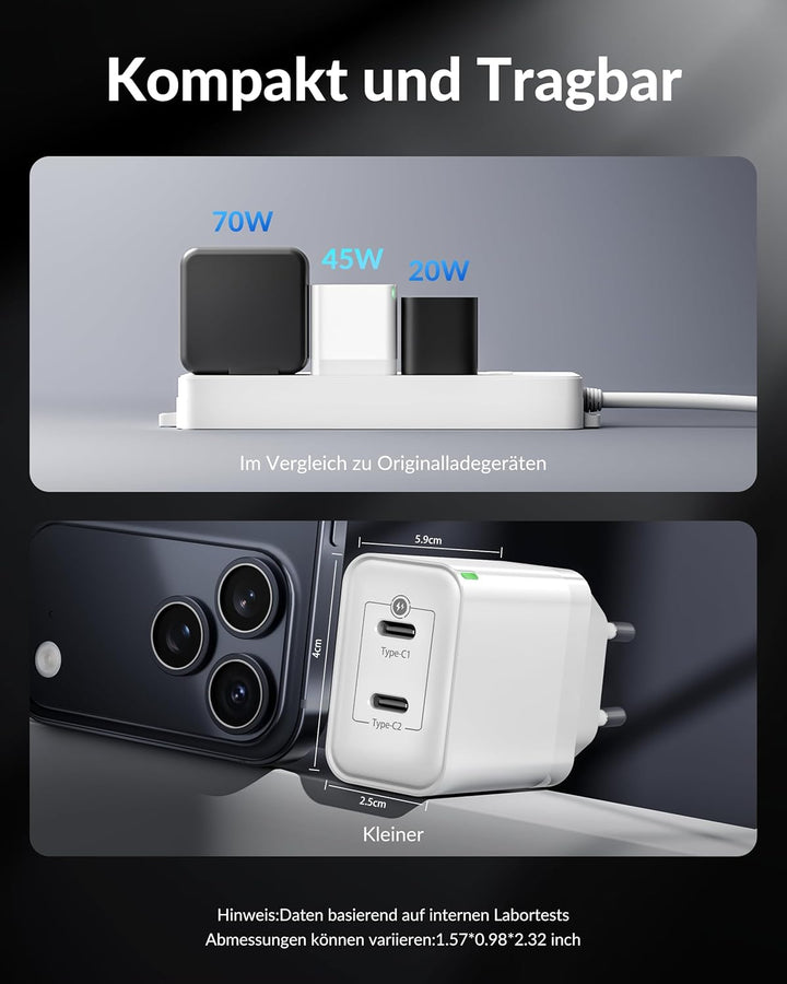 45W USB C Ladegerät Ladekabel, 2-Port Schnellladegerät und USBC 2M+3M Schnellladekabel für iPhone 17