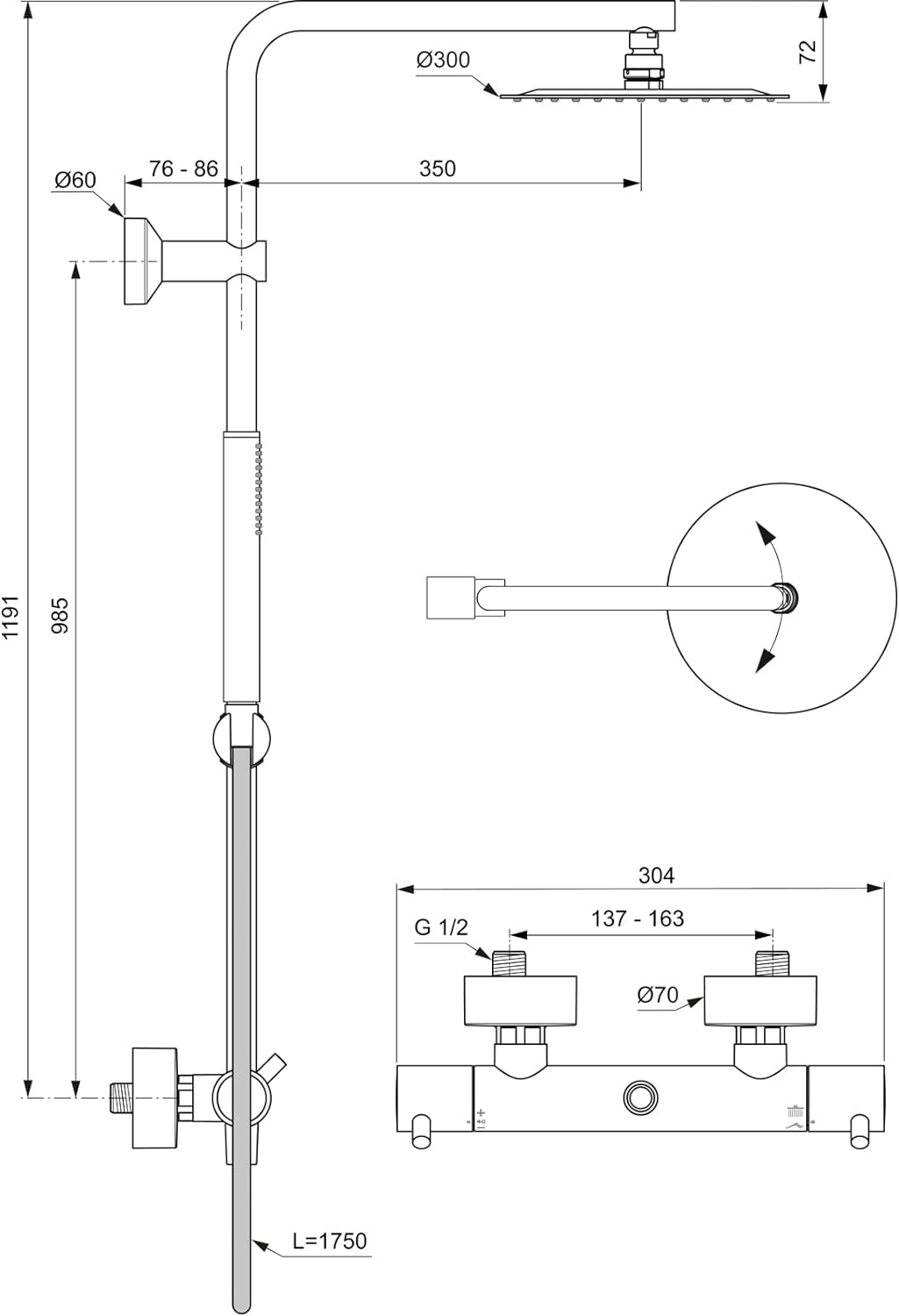 Ideal Standard A7589AA Ceratherm T100 Duschsystem Aufputz, Duschsystem