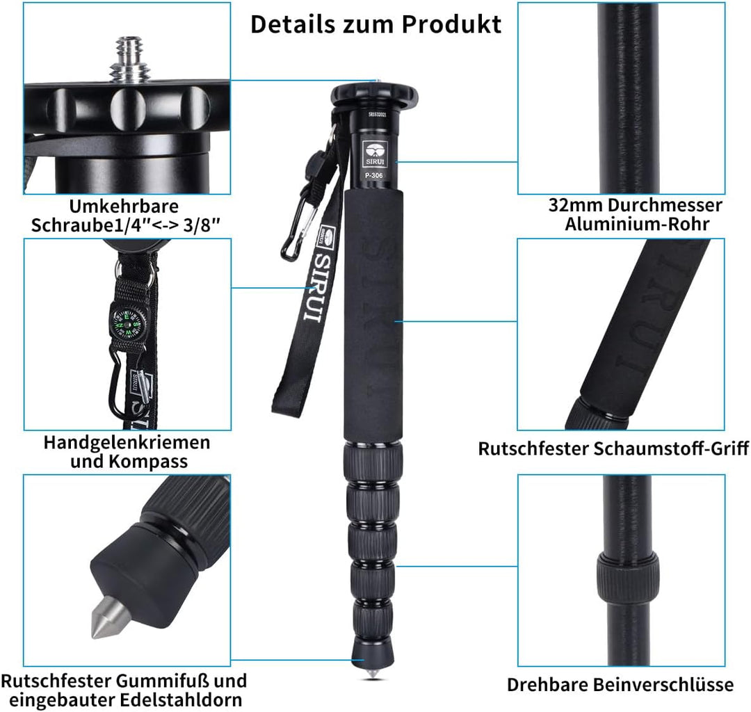 SIRUI P-306 Camera Kamera Reise Einbeinstativ Monopod, Aluminium 0.56kg Einbeinstativ, 6 Sektionen,