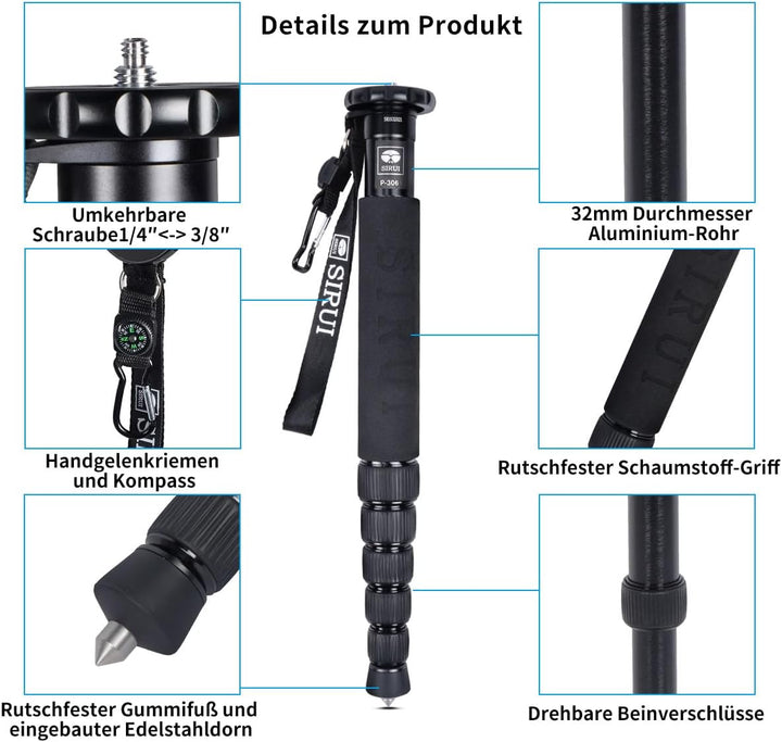 SIRUI P-306 Camera Kamera Reise Einbeinstativ Monopod, Aluminium 0.56kg Einbeinstativ, 6 Sektionen,