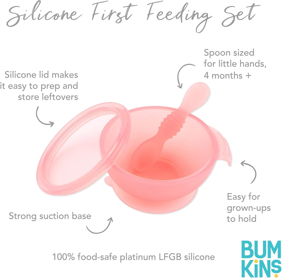 Bumkins - Erstes Baby Fütterungsset aus Silikon mit Saugnapf, Deckel und Löffel, Rosa Jelly, BPA-fre