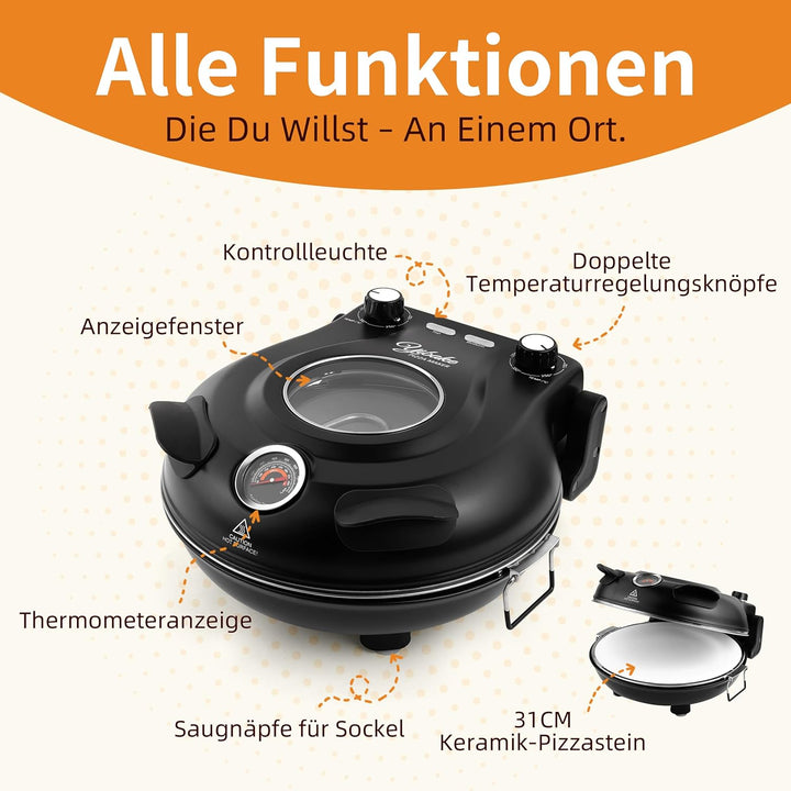 Pizzaofen Elektrisch, 1200W Pizzaofen in 4-Min-Pizza, 31cm Feuerfeste Pizzastein, 420℃ Pizzabackofen