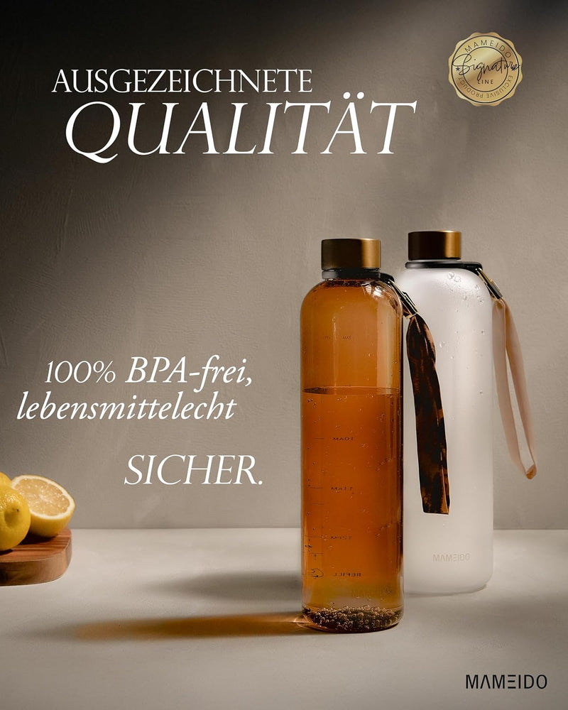 MAMEIDO Trinkflasche 1l & 1,5l Kohlensäure geeignet, auslaufsichere Trinkflasche mit Zeitmarkierung