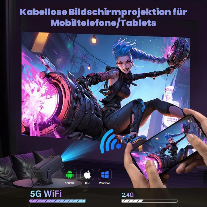 Mini Beamer mit Android 11, 720P HD Projektor, WLAN &amp; Bluetooth, automatische Trapezkorrektur, tragb
