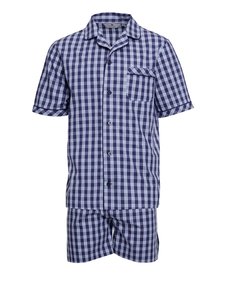Revise RE-950 Kurzer Herrenpyjama - Schlafanzug für Herren - Pyjama – 100% Baumwolle, Blau Kariert