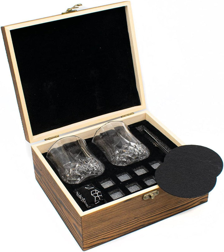TRIXES Grosse Whiskey-Gläser-Geschenkbox – Whiskey-Gläser, Steine, Untersetzer und Zangen-Set – Gesc