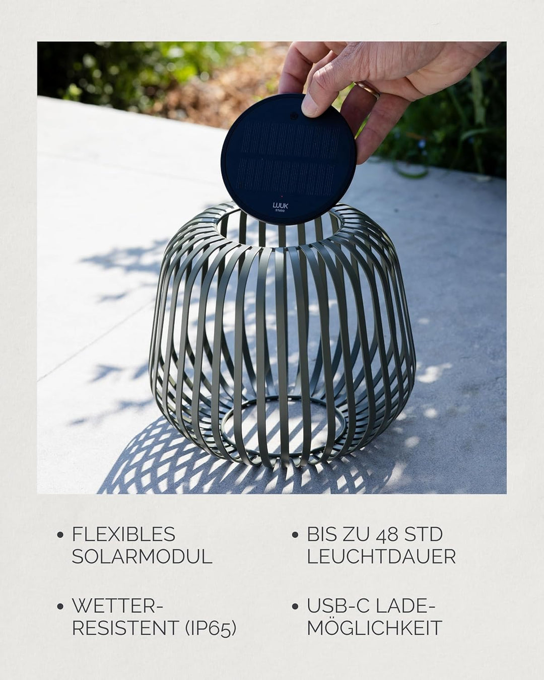 LUUK Studio LED Solar Tischleuchte für drinnen und draussen in minimalistischem Design, wiederauflad