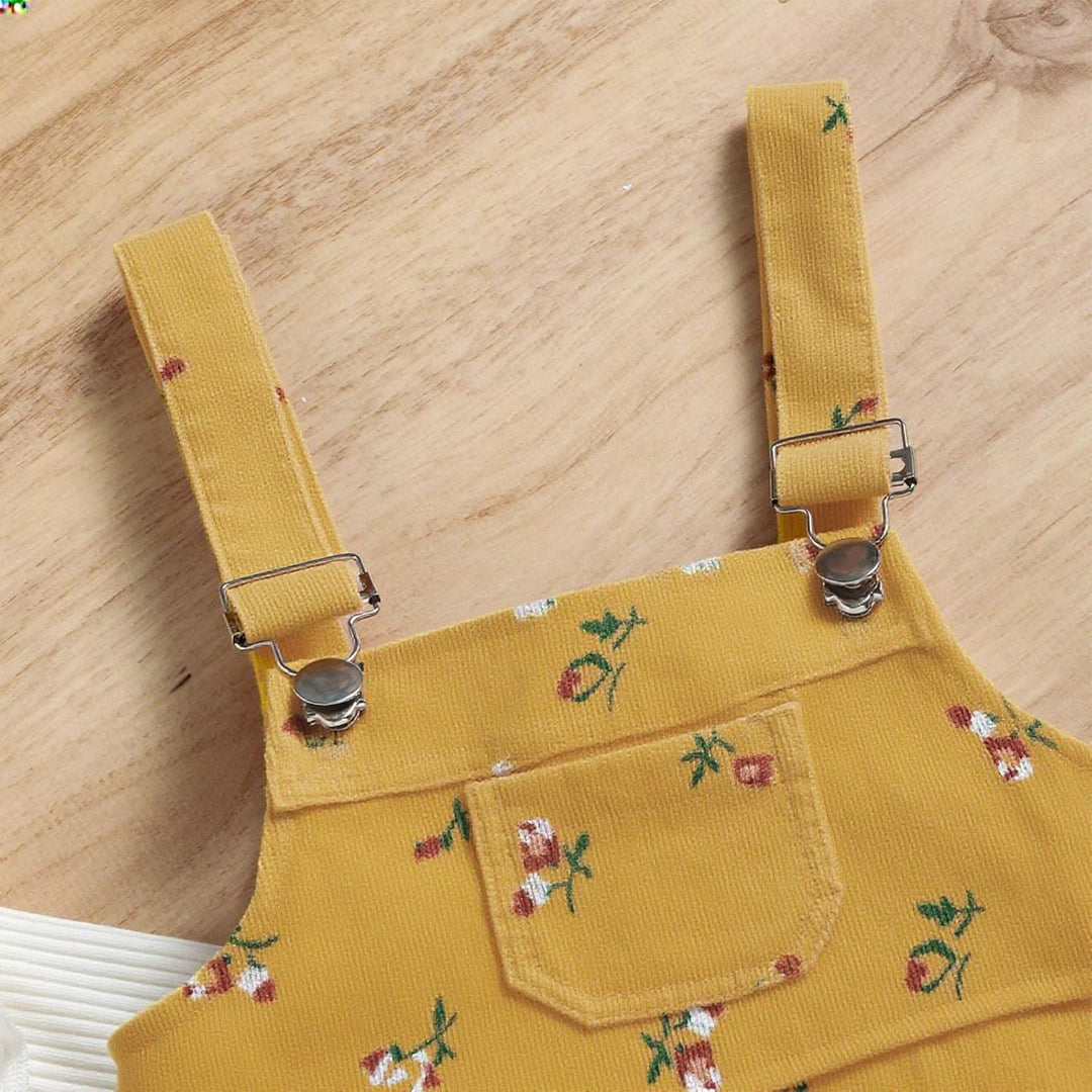 Baby Mädchen Kleidung Rippstrick Langärmelig Oberteile Blumenmuster Hosenträgerhose mit Tasche Outfi