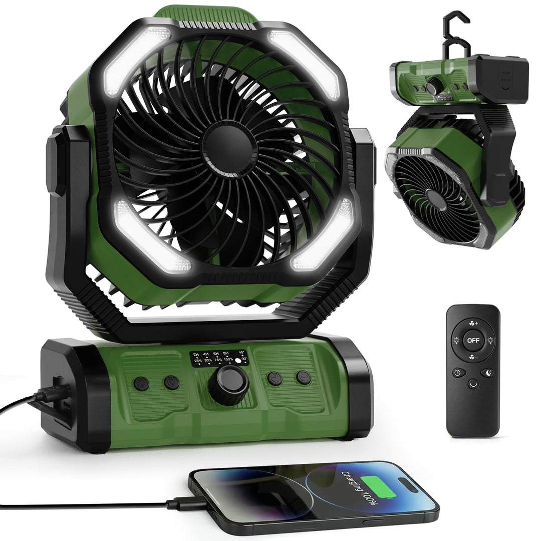 ELZO 20000mAh Camping Ventilator, Wiederaufladbarer Tischventilator USB Ventilator mit LED Licht & H