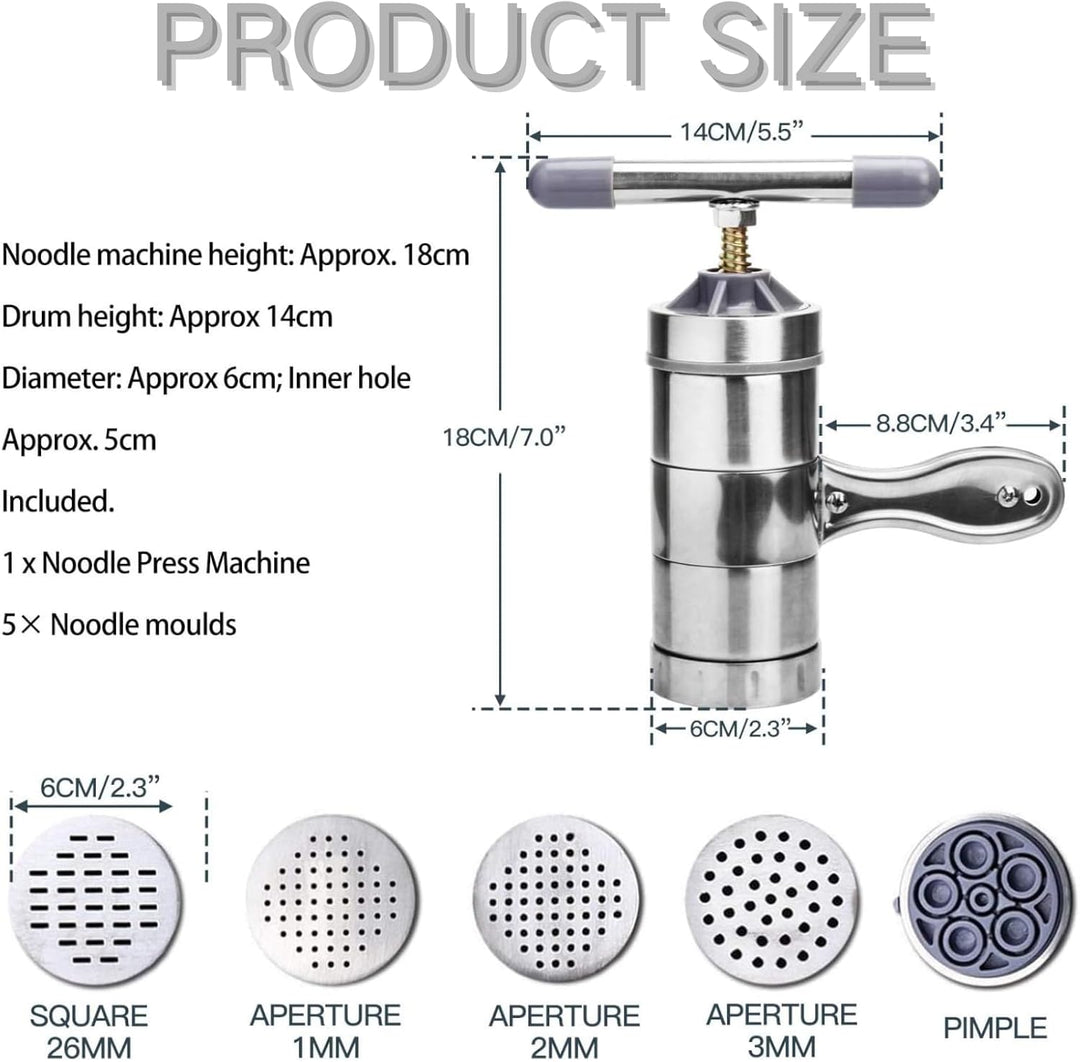 Aramox Vermicelles Presse Nudelmaschine aus Edelstahl, Manuell Betriebene Nudelpresse mit 5 Formköpf