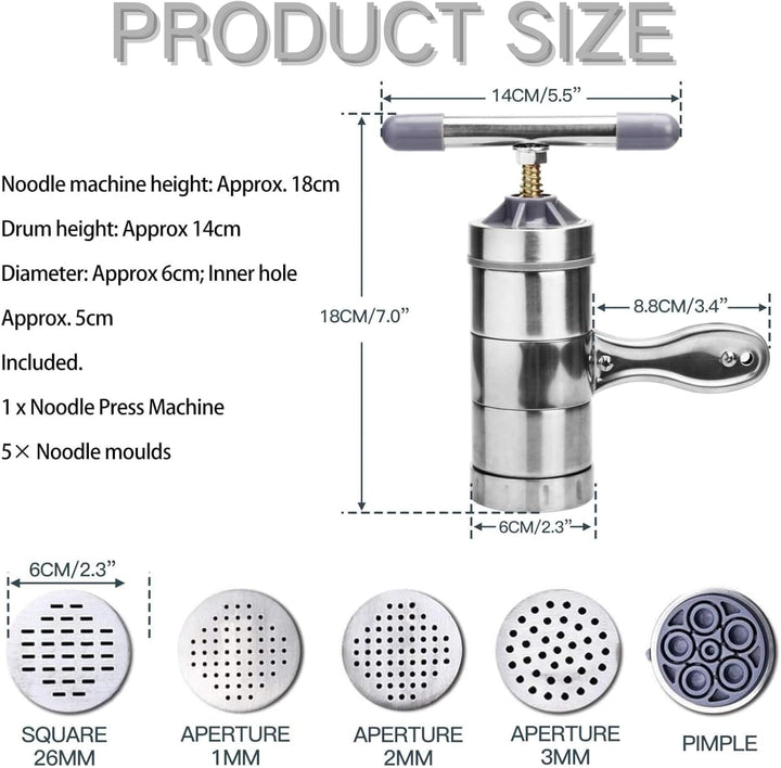 Aramox Vermicelles Presse Nudelmaschine aus Edelstahl, Manuell Betriebene Nudelpresse mit 5 Formköpf