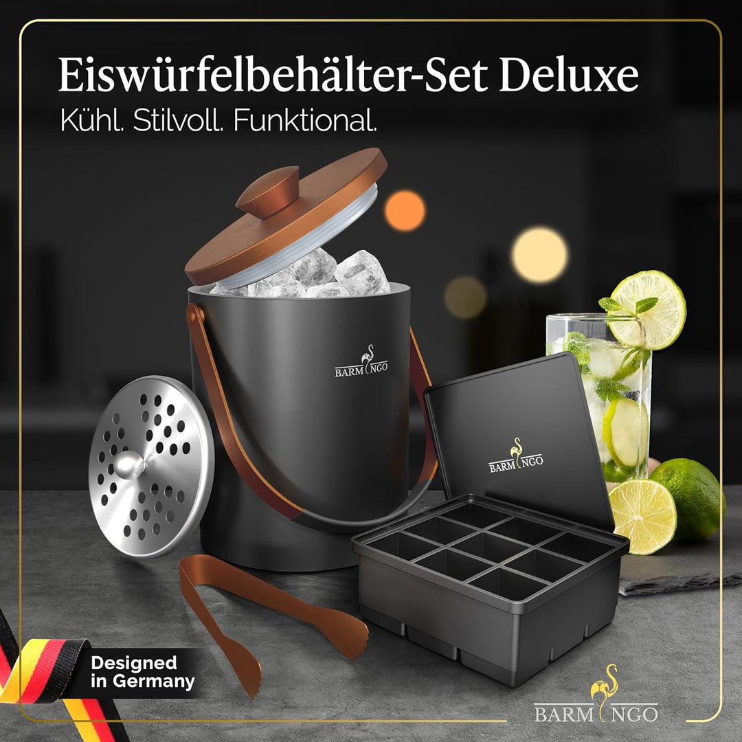 Edelstahl Eiswürfelbehälter mit Deckel - 2l Eiskübel/Eisbehälter für Eiswürfel mit Sieb, Eiswürfelfo