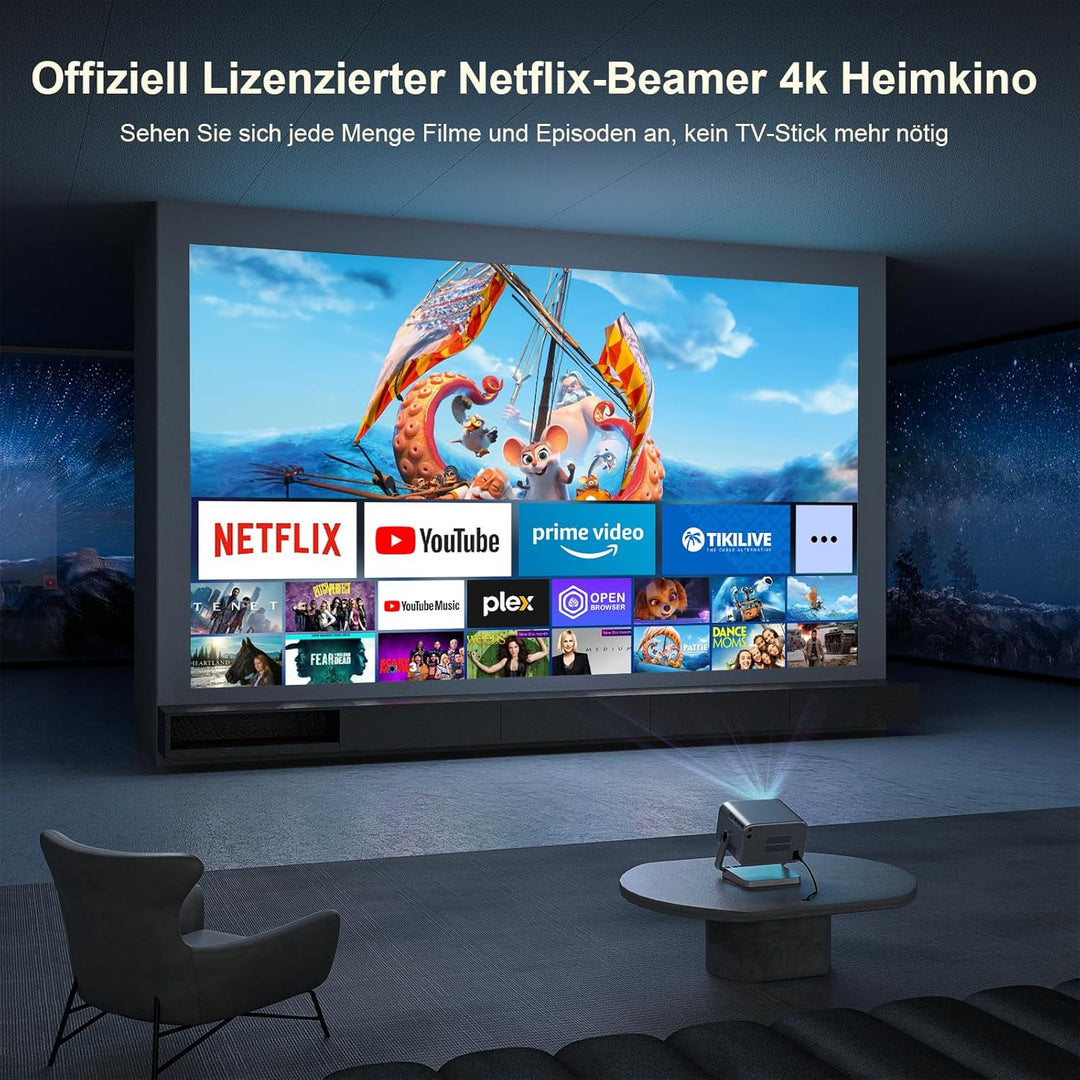 【Netflix Offiziell & Dolby Audio】 Smart Beamer, Autofokus/Trapezkorrektur 4K Unterstützt, VOPLLS 250