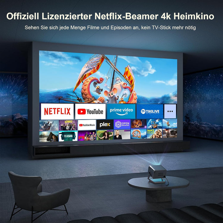 【Netflix Offiziell & Dolby Audio】 Smart Beamer, Autofokus/Trapezkorrektur 4K Unterstützt, VOPLLS 250