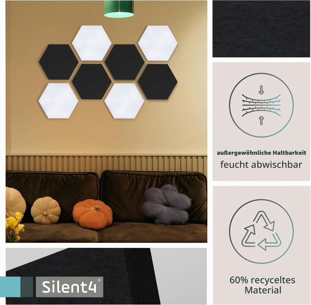SILENT4® Schallabsorber Wand Set HEXAGON, 8 Elemente aus Akustikvlies, Klebemontage, Akustikbild Sch