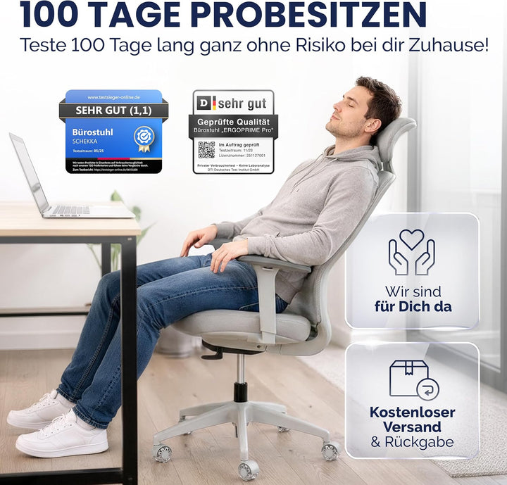 SCHEKKA® Ergonomischer Bürostuhl [verstellbare Lordosenstütze] 3D-Armlehnen | Atmungsaktives Mesh |