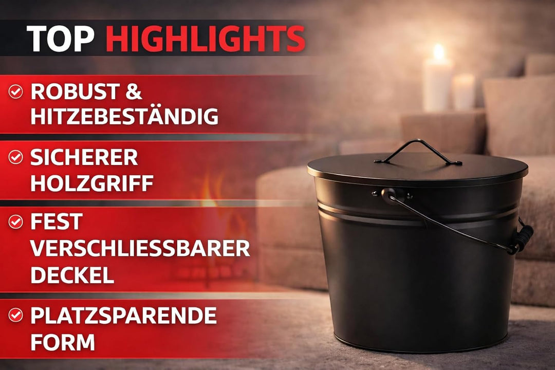 El Fuego® Ascheeimer 24 Liter – Aschebehälter aus robustem Metall gefertigt – Kamin- & Ofen-Zubehör
