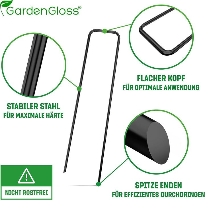 GardenGloss® Erdanker aus Stahl unverzinkt (100 Stück) - Stabile Bodenanker für Unkrautvlies, Garten