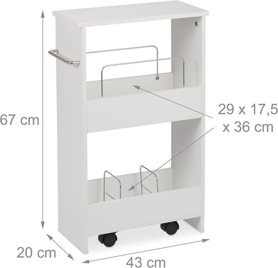 Relaxdays Nischenwagen, 2 Fächer, Nischenregal mit Rollen, 20 cm breit, schmales Regal Bad & Küche,