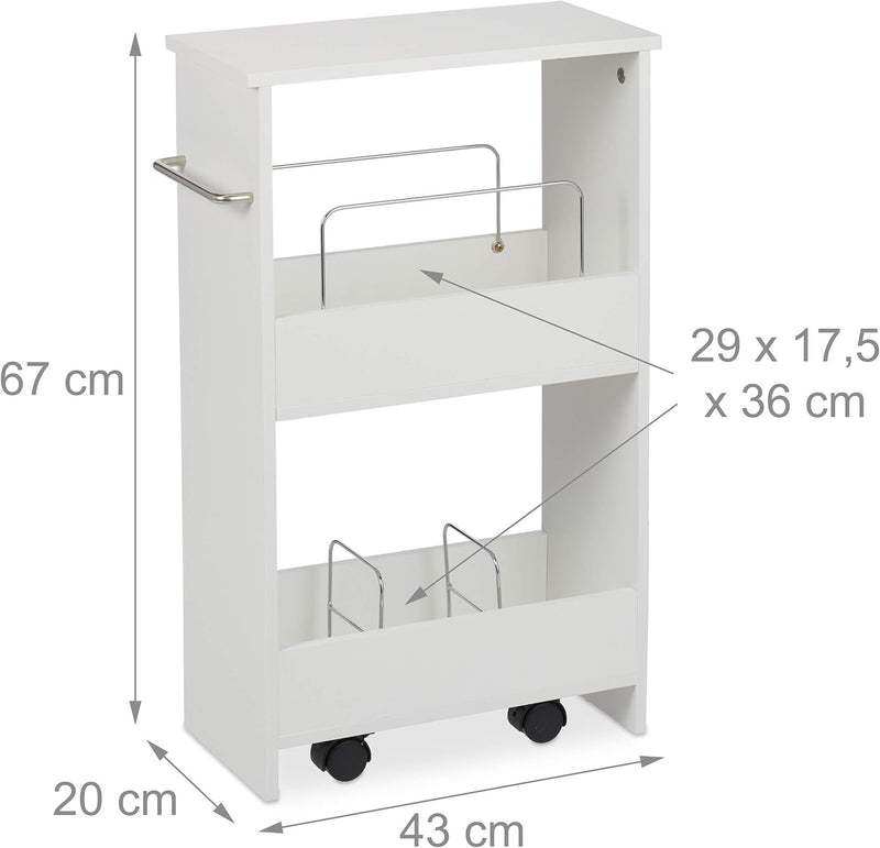 Relaxdays Nischenwagen, 2 Fächer, Nischenregal mit Rollen, 20 cm breit, schmales Regal Bad & Küche,
