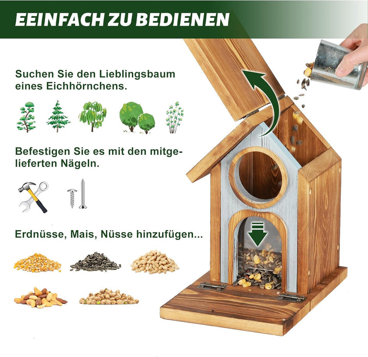 MIXXIDEA Eichhörnchen Futterhaus für draussen, stabiles Eichhörnchen-Futterhaus mit dickem Holz, Kei