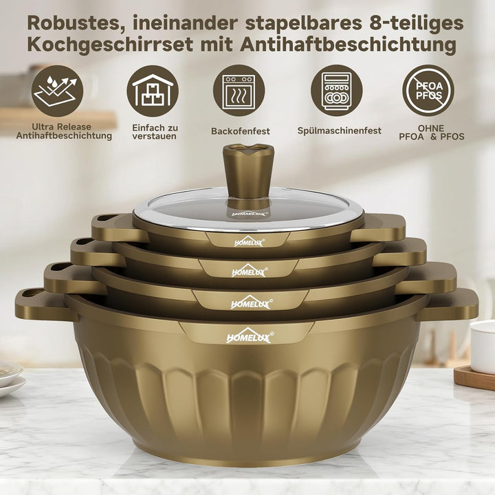 HOMELUX Topfset Induktion 8-teilig, 20/24/28/32cm Kochtopf Set mit Antihaftbeschichtet, Kochtöpfe In