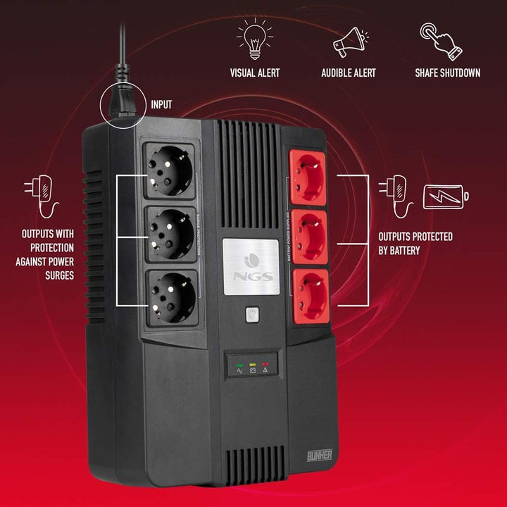 NGS FORTRESSBUNKER - Unterbrechungsfreie Stromversorgung USV, Off Line UPS 600 VA 360W mit integrier