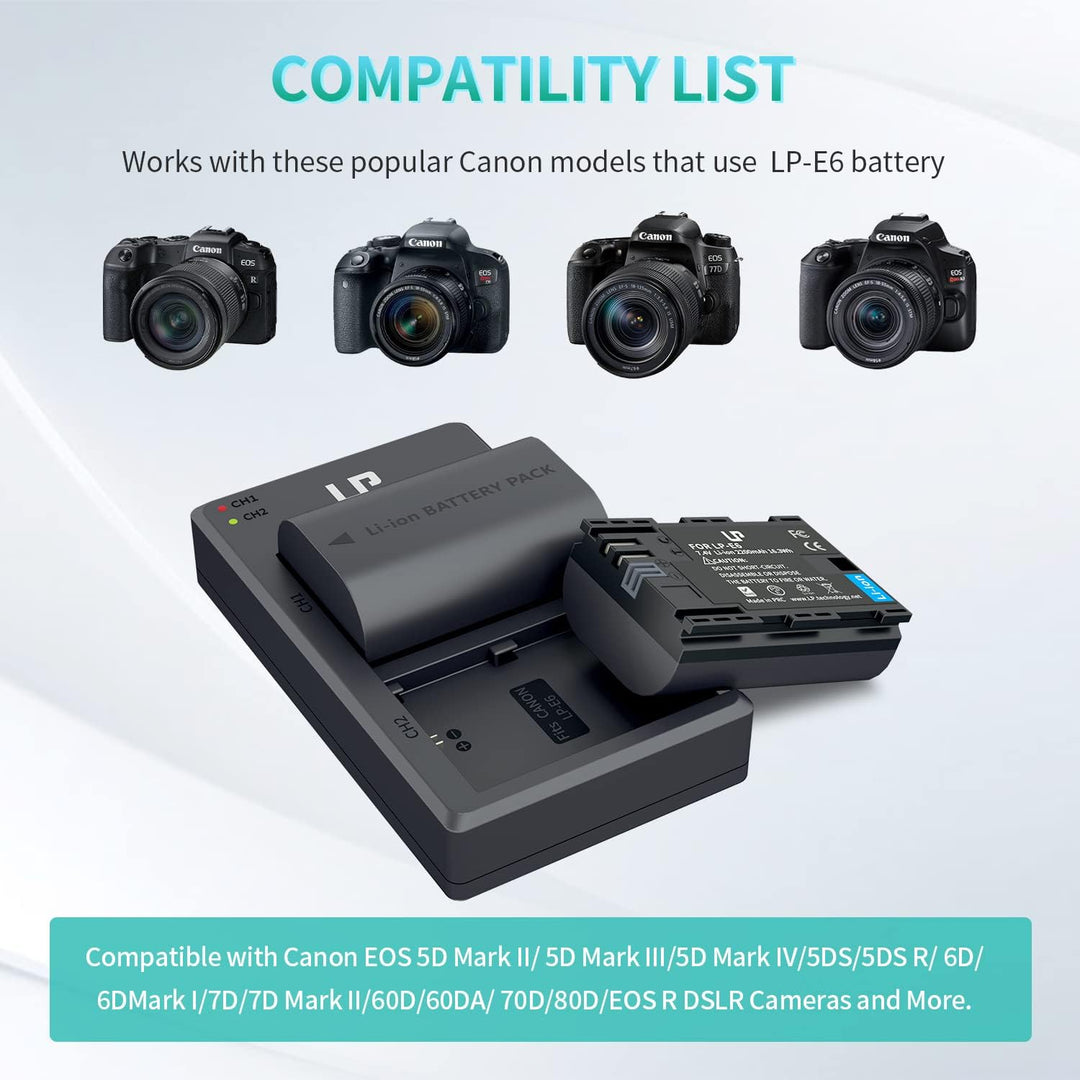 LP LP-E6 E6N Akkuladegerät-Set, 2er-Pack 2600mAh Akku &amp; Doppelladegerät | Kompatibel mit Canon EOS R