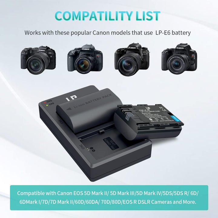 LP LP-E6 E6N Akkuladegerät-Set, 2er-Pack 2600mAh Akku &amp; Doppelladegerät | Kompatibel mit Canon EOS R