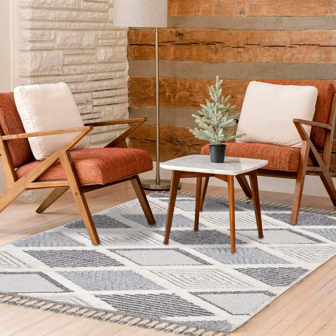 payé Teppich Wohnzimmer - Raute Muster - 120x170cm Creme Grau Blau - Fransen Deko Boho Flauschig - C