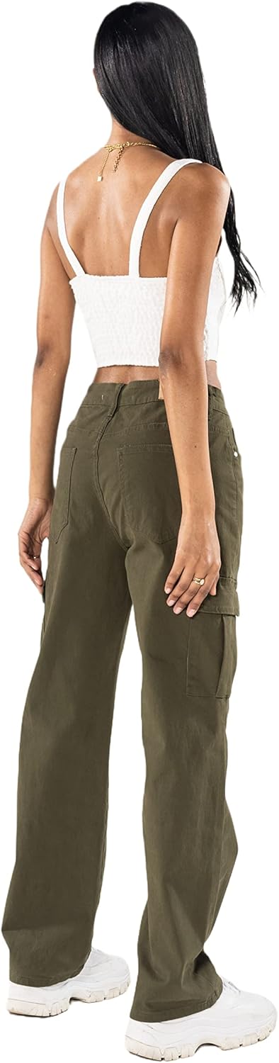 Nina Carter Q1885 Damen Cargo Jeans High Waist Cargohose Stretch Straight Leg Hose L Khaki (Q1885-2)