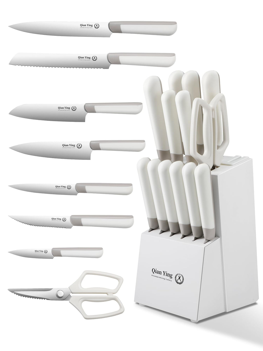 Messerset mit Block Weiss Küchenmesser Set: 14 Teilig Messer Set Fashion Messerblock mit Schärfer Ko