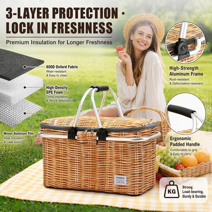 Picknickkorb mit Lsolierung, Weidenkorb Muster, Faltbarer Einkaufskorb 25L Kühltasche Thermotasche I