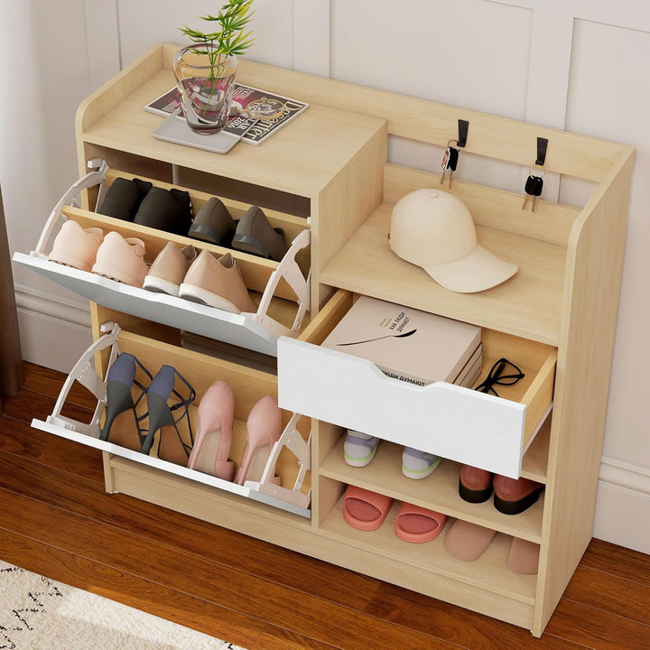 HOMCOM Schuhschrank mit 2 Klappen, Multifunktional Schuhkipper, Schuhregal mit offenen Fächern, vers