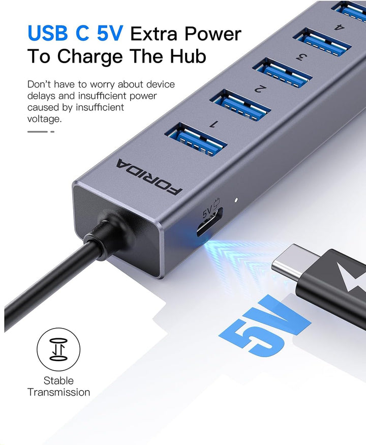 8Port USB Hub 3.0 mit 120cm Kabel, USB zu Netzwerk-Hub mit 6 3.0 Ports und 1000Mbps LAN Adapter, 5V/