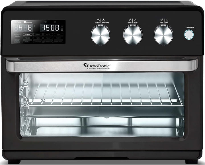 TurboTronic digitaler Heissluftofen - XXL 32 Liter mit Drehspiess für Hähnchen 5 in1 Mini Backofen,