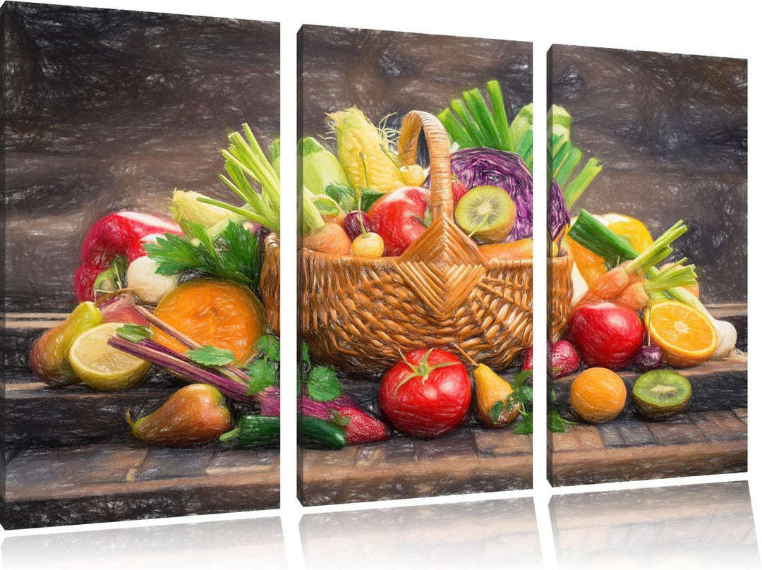 Pixxprint Frisches Obst und Gemüse im Korb als Leinwandbild/Grösse: 3 Teilig (120x80 cm) cm/Wandbild